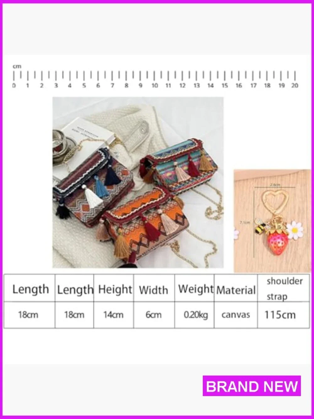 Boho Handwoven Crossbody Bag Gold Chain Tassel Strawberry Keychain Summer - Picture 4 of 7